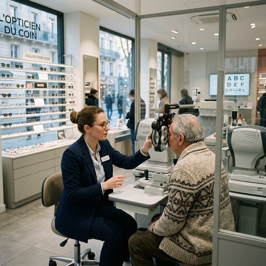 Optometrist using eye examination equipment to check elderly man's vision in optical store